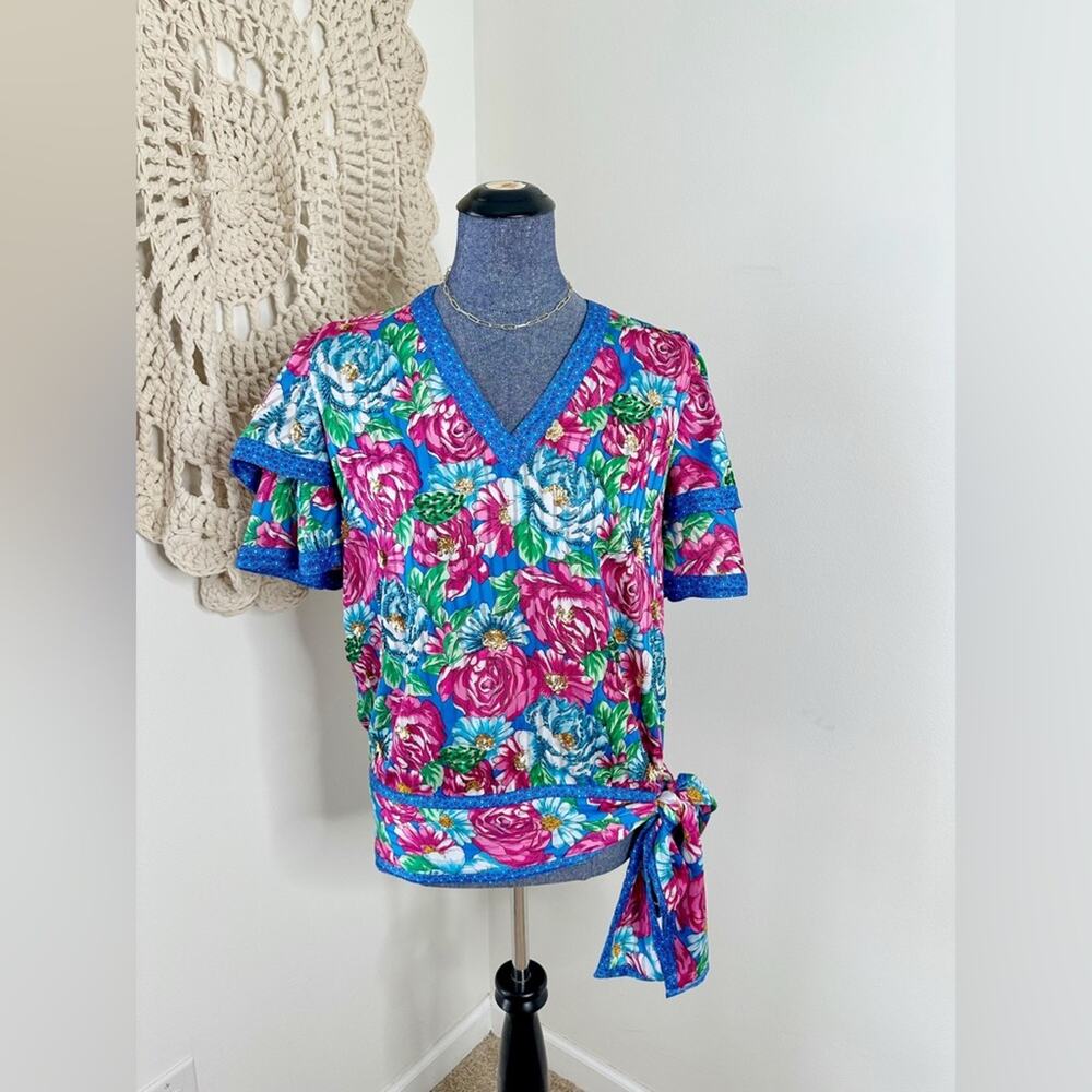 1980s Diane Freis Georgette Purple Blue Floral Ruffle Top Size Large